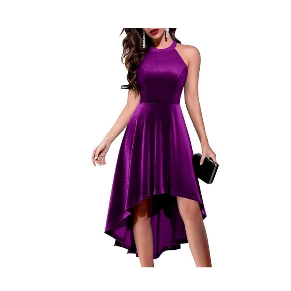 New Velvet Cocktail Party Dress Halter High Low Purple Large